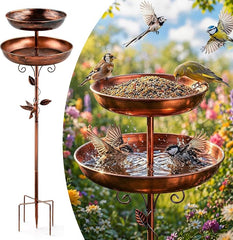 2-in-1 Tall Bird Bath and Feeder for Outdoors, 47" Adjustable Metal Standing Birdfeeder with 5-Prong Base, Antique Copper Finish Rustproof Water Bowl & Seed Tray Station for Garden Yard Patio Decor