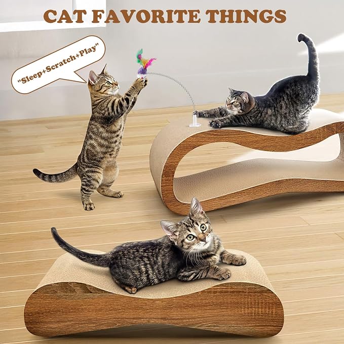 2 in 1 Cat Scratcher for Indoor Cats, Large Cardboard Cat Scratcher with 2 Plug-in Teaser Wand, 100% Recyclable & Reversible Scratching Board Pads Prevents Furniture Damage