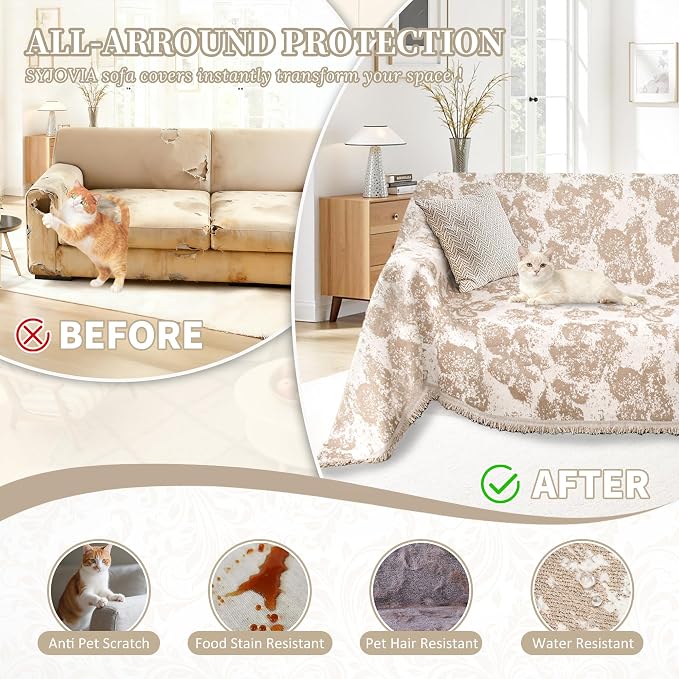 1OO% Waterproof Sectional Couch Covers for Dogs L Shaped Corner Sofa Cover Washable Chenille Sofa Slipcovers Blanket Modern Jacquard Pet Furniture Protector (91"x276", Khaki Flower Shadow)