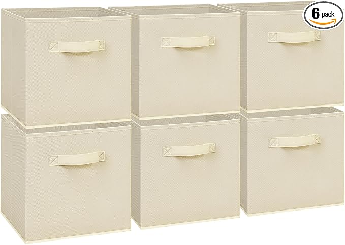 11 Inch Fabric Storage Cubes, Sturdy Foldable Storage Bins, Heavy Duty Cube Organizer for Clothes, Blankets, Shelves, Closets, Bedroom, Living Room, Beige, 6 Pack