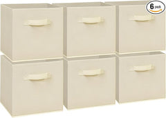 11 Inch Fabric Storage Cubes, Sturdy Foldable Storage Bins, Heavy Duty Cube Organizer for Clothes, Blankets, Shelves, Closets, Bedroom, Living Room, Beige, 6 Pack