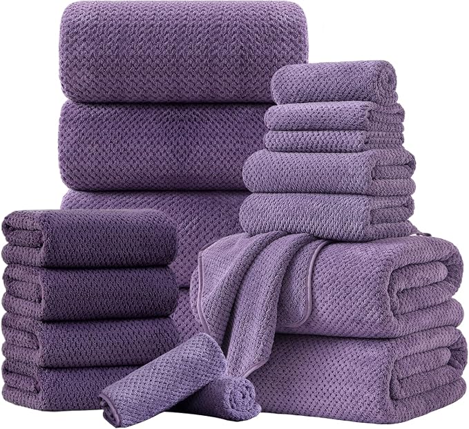 18 Piece Microfiber Bath Towels Set - 6 Bath Sheets,6 Hand Towels And 6 Washcloths,Soft Family Towels,Highly Absorbent Bathroom Towel,Quick Dry Shower Towel Luxury Towels For Hotel Spa Dorm-Purple