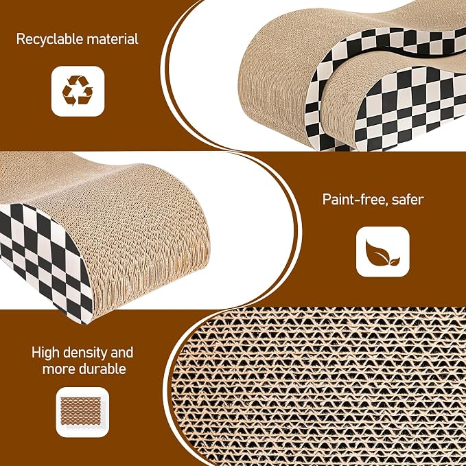 2 in 1 Cat Scratcher for Indoor Cats, Large Cardboard Cat Scratcher Lounger, 100% Recyclable&Reversible Horizontal Scratching Pads Prevents Furniture Damage,Checkerboard