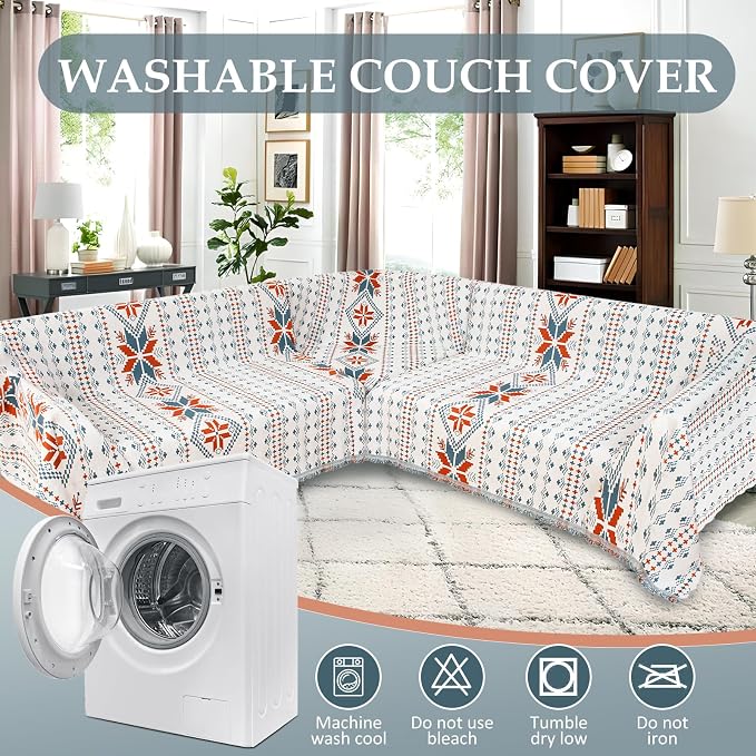 1OO% Waterproof Sectional Couch Covers for Dogs L Shaped Corner Sofa Cover Washable Chenille Sofa Slipcovers Blanket Modern Jacquard Pet Furniture Protector (91"x276", Boho Light Blue)