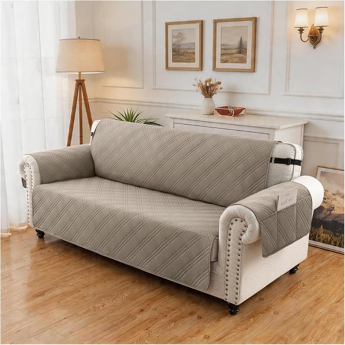 100% Waterproof Couch Cover for Dogs, Washable Anti-Slip Sofa Cover with Elastic Straps & Side Pockets, Quilted Furniture Protector for Kids & Pets (3 Cushion 68", Camel)