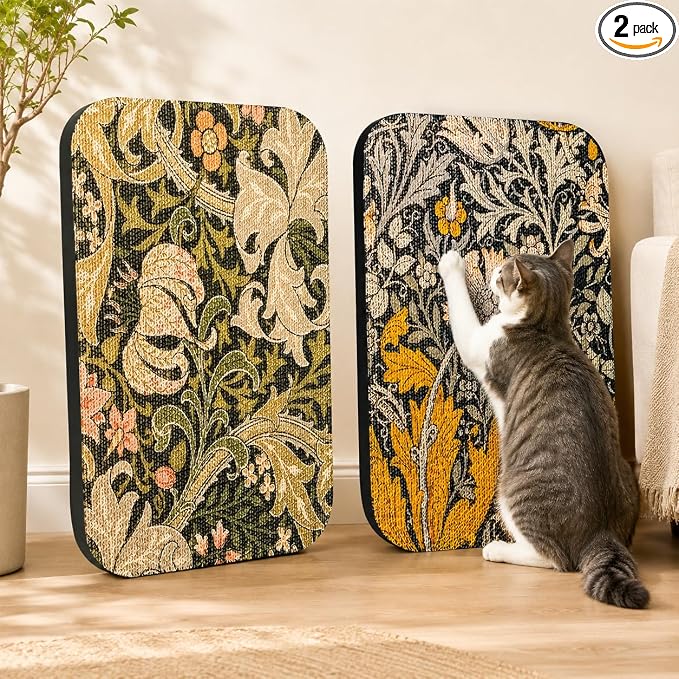 2 Pack Cat Wall Scratcher, Art Cat Scratching Board for Cats | Wall Mounted Cat Scratch Pad, Water-Based Ink, Hook&Loop Strips, Floor or Wall Use, 16.7x11x1 Inch, William Flower