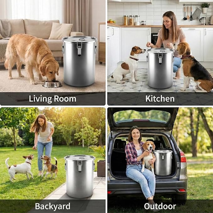 304 Stainless Steel Dog Food Storage Container, 35LB/40LB Airtight Pet Food Container with Locking Lid & Silicone Seal, Large Metal Food Storage Bin for Dry Dog/Cat Food, Rice, Flour (35 LBS)