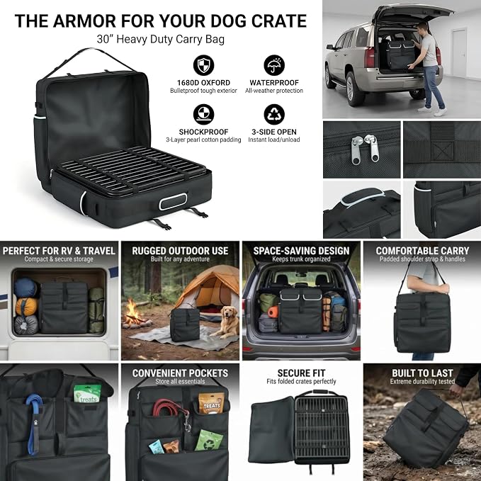 30" Dog Cage Storage Bag, Heavy Duty Waterproof 1680D Oxford & Shockproof Pearl Cotton DogCrate Carry Bag, 3-Side Open Dog Fence Carrying Bag,for Foldable Wire Crates Pet Playpen Outdoor RV Travel
