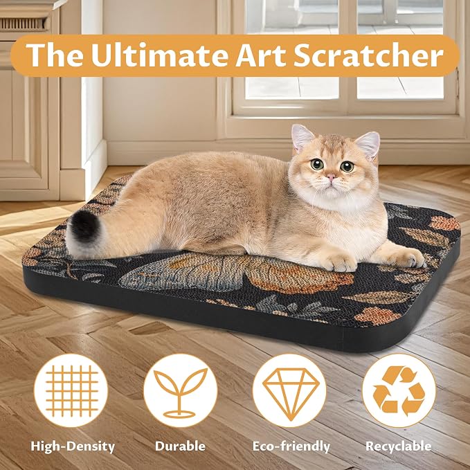 2 Pack Cat Wall Scratcher, Art Cat Scratching Board for Cats | Wall Mounted Cat Scratch Pad, Water-Based Ink, Hook&Loop Strips, Floor or Wall Use, 16.7x11x1 Inch, Owl & Butterfly