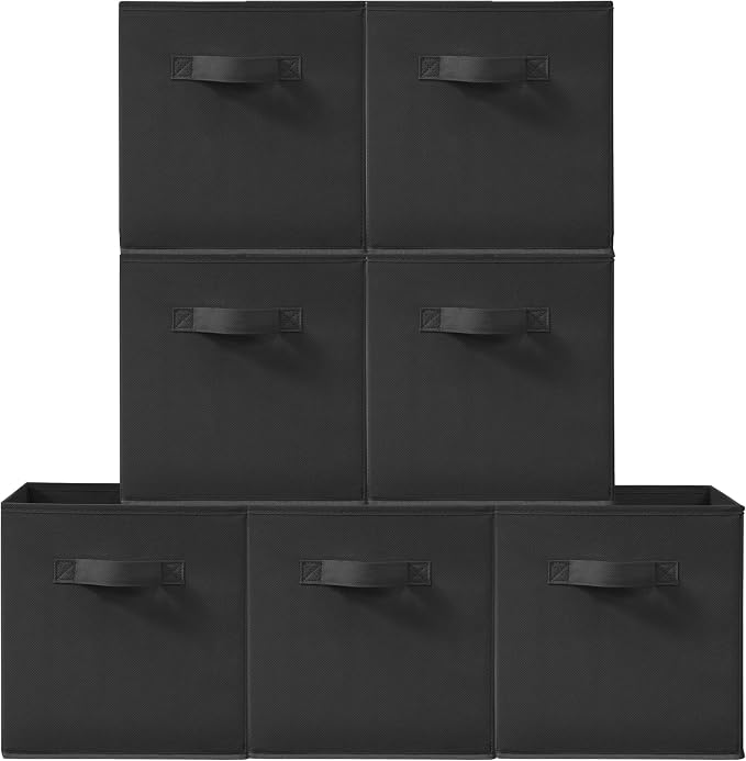 11 Inch Fabric Storage Cubes, Sturdy Foldable Storage Bins, Heavy Duty Cube Organizer for Clothes, Blankets, Shelves, Closets, Bedroom, Living Room, Black, 7 Pack