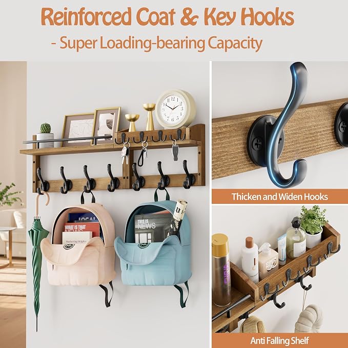 29 inch Coat Rack Wall Mount with Shelf, Entryway Wall Shelf with Hooks, Heavy Duty Coat Hanger Wall Mount with Key Holders and Mail Organizer for Living Room, Bedroom, Brown