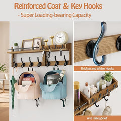 29 inch Coat Rack Wall Mount with Shelf, Entryway Wall Shelf with Hooks, Heavy Duty Coat Hanger Wall Mount with Key Holders and Mail Organizer for Living Room, Bedroom, Brown