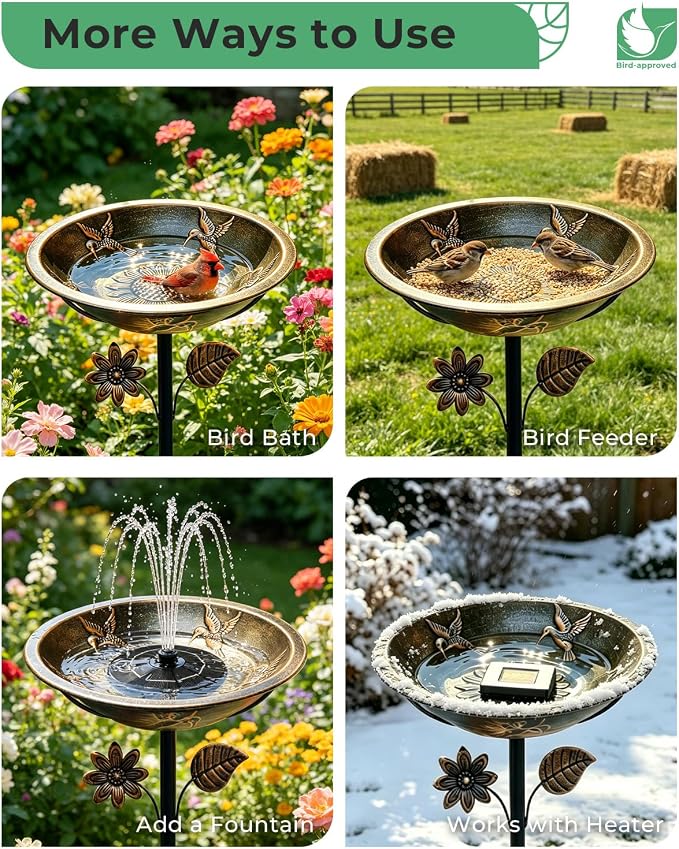 13" Metal Bird Bath for Outside – Hummingbird Embossed Garden Birdbath Bowl with Stake | Adjustable Height Outdoor Bird Bath, Removable Bowl, Rust Resistant Yard Lawn Decor