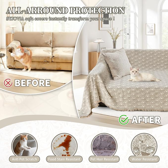 1OO% Waterproof Sectional Couch Covers for Dogs L Shaped Corner Sofa Cover Washable Chenille Sofa Slipcovers Blanket Modern Jacquard Pet Furniture Protector (91"x252", Khaki Weaving Triangle)