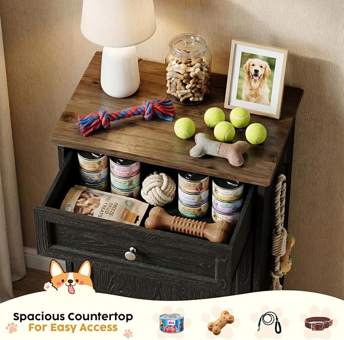 21''W Dog Feeding Station with Storage, Tilt Out Dog Food Cabinet with Drawer, 2 Feeding Bowls, Pet Food Storage, Cat Feeding Station, Dogs Storage Organizer, (Black, Single Door)