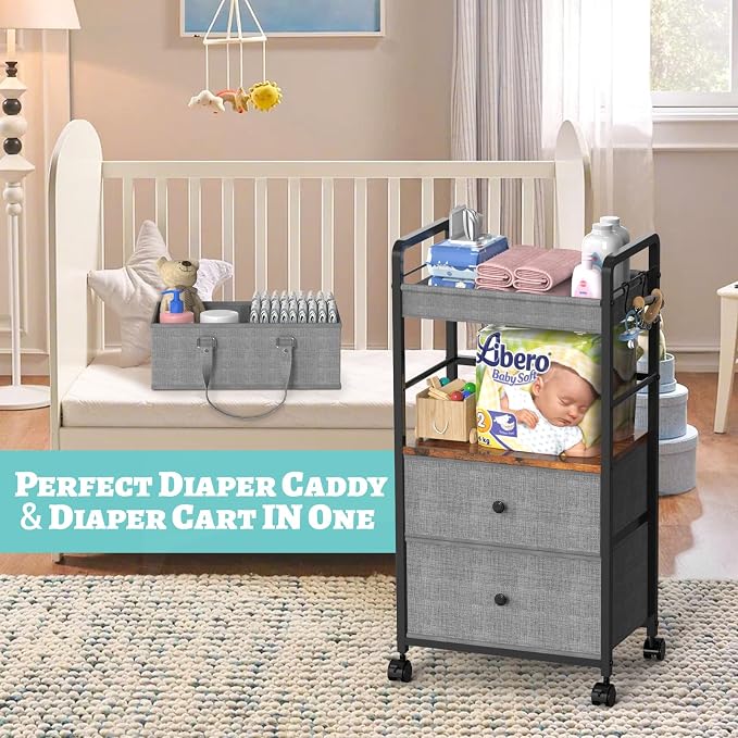 2IN1 Baby Diaper Caddy Organizer & 4-Tier Rolling Cart, Bedside Cart for Baby Essentials Nursery With Drawers, Metal Mobile Diaper Caddy Cart with Wheels, Storage Basket with Dividers for Baby Shower