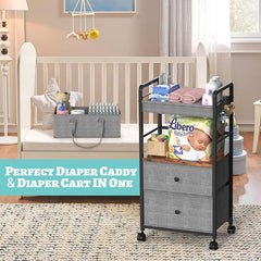 2IN1 Baby Diaper Caddy Organizer & 4-Tier Rolling Cart, Bedside Cart for Baby Essentials Nursery With Drawers, Metal Mobile Diaper Caddy Cart with Wheels, Storage Basket with Dividers for Baby Shower