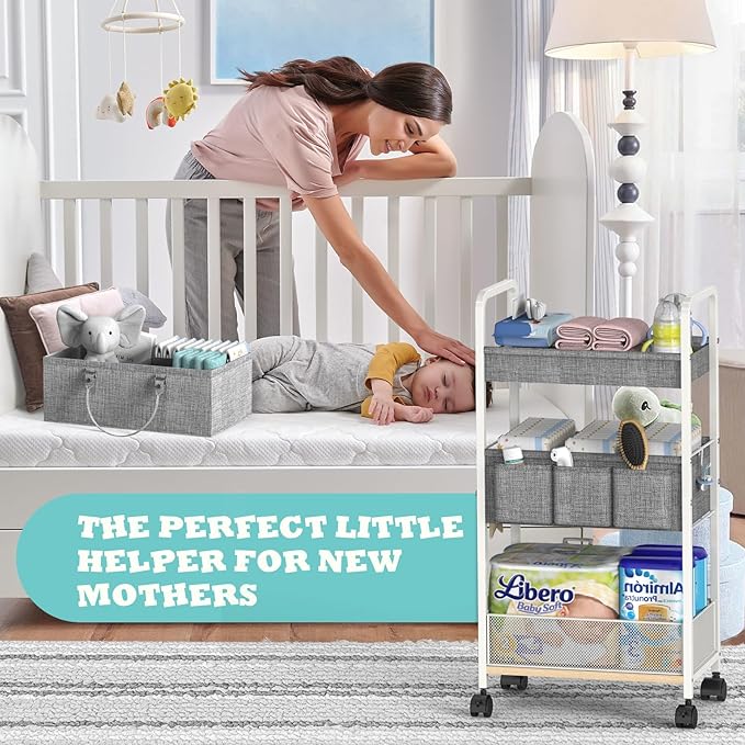 2In1 Baby Diaper Caddy & 3-Tier Rolling Diaper Cart, Diaper Caddy Organizer Cart with Dividers, Metal Detachable Bedside Cart for Baby Nursery Essentials, Large Capacity, Easy to Assemble, White