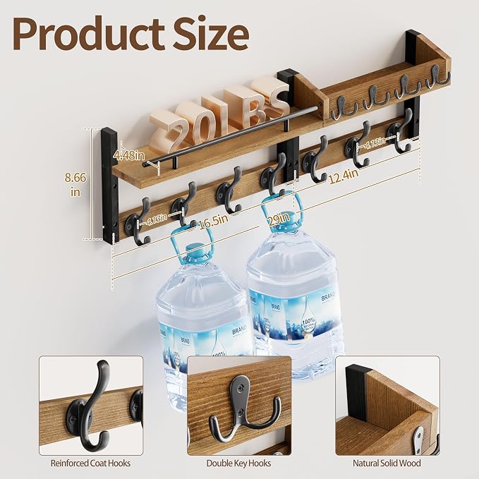 29 inch Coat Rack Wall Mount with Shelf, Entryway Wall Shelf with Hooks, Heavy Duty Coat Hanger Wall Mount with Key Holders and Mail Organizer for Living Room, Bedroom, Wooden Brown & Black