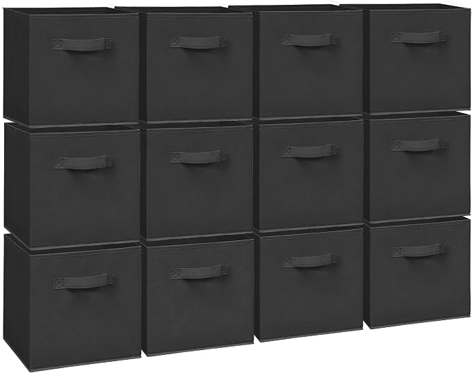11 Inch Fabric Storage Cubes, Sturdy Foldable Storage Bins, Heavy Duty Cube Organizer for Clothes, Blankets, Shelves, Closets, Bedroom, Living Room, Black, 12 Pack