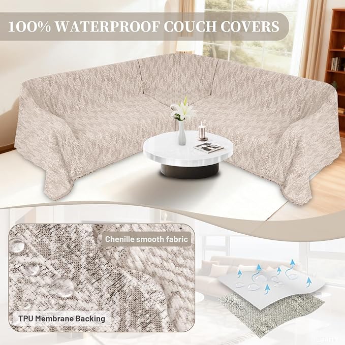 1OO% Waterproof Sectional Couch Covers for Dogs L Shaped Corner Sofa Cover Washable Chenille Sofa Slipcovers Blanket Modern Jacquard Pet Furniture Protector (91"x276", Light Khaki)
