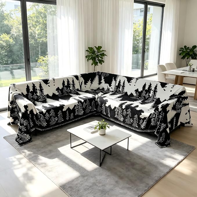 1OO% Waterproof Sectional Couch Covers for Dogs L Shaped Corner Sofa Cover Washable Chenille Sofa Slipcovers Blanket Modern Jacquard Pet Furniture Protector (91"x252", Black Forest)