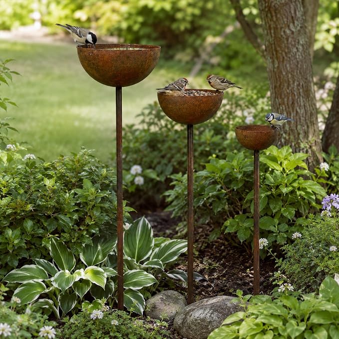 3 Pack Rustic Metal Bird Bath Stake Set for Outdoors, Garden Bird Bath Bowls with Ground Stakes, Bird Feeder Rain Catcher Wildlife Water Station for Birds, Bees & Butterflies