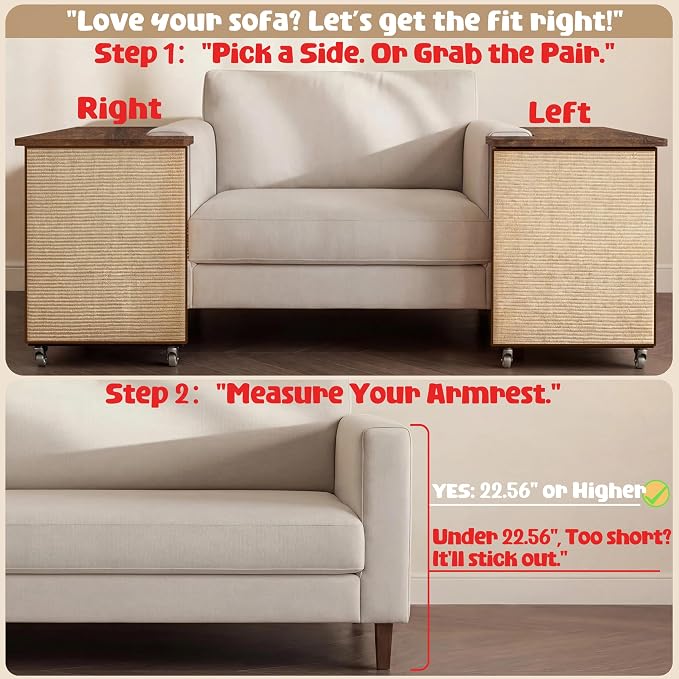2-in-1 Cat Scratch Couch Side Table with Wheels,Couch Protector from Cat Claws,Sofa Narrow End Table with Natural Sisal Cat Scratch Panel for Living Room (Rustic Brown, Left)