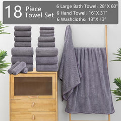 18 Piece Bath Towels Set,100% Microfiber Family Bathroom Towel with Hanging Loops-6 Bath Towels,6 Hand Towels,6 Washcloths,Quick Dry Highly Absorbent Shower Towel for Bathroom,Hotel,Spa-Dark Purple
