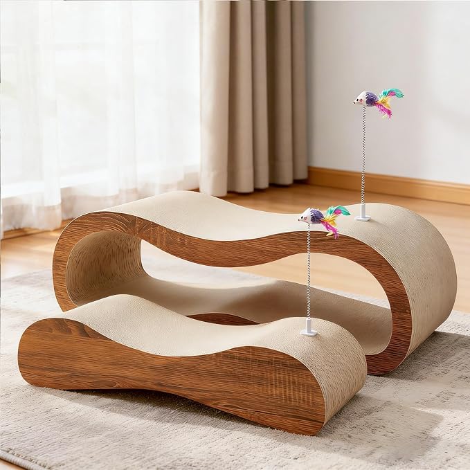 2 in 1 Cat Scratcher for Indoor Cats, Large Cardboard Cat Scratcher with 2 Plug-in Teaser Wand, 100% Recyclable & Reversible Scratching Board Pads Prevents Furniture Damage