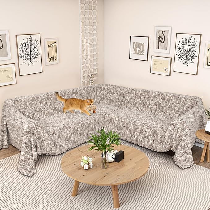 1OO% Waterproof Sectional Couch Covers for Dogs L Shaped Corner Sofa Cover Washable Chenille Sofa Slipcovers Blanket Modern Jacquard Pet Furniture Protector (91"x252", Coffee Wave)