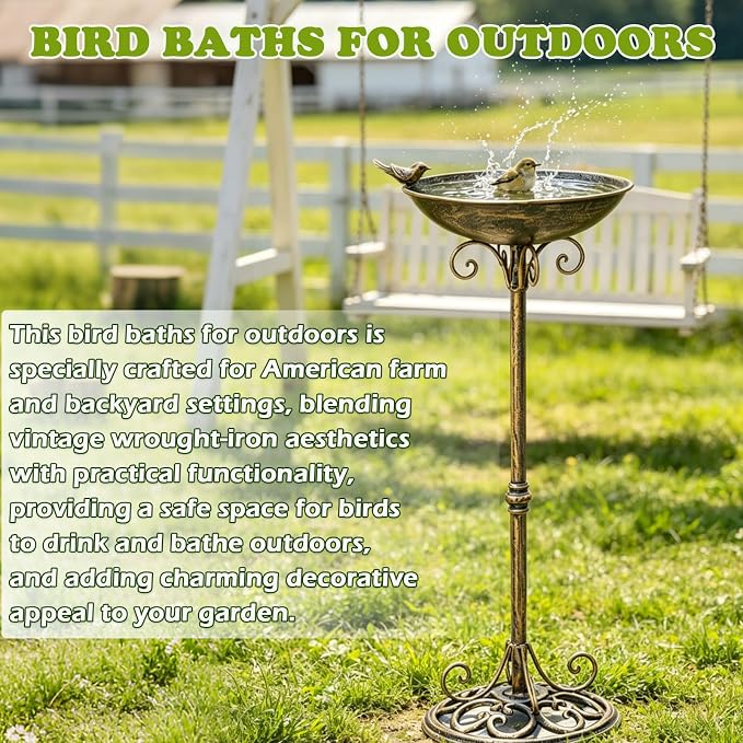 27.6" H Cast Iron BirdBaths for Outdoors,Metal Bird Bath for Outside | Standing Bird Feeder,Home Garden Lawn Yard Decorations