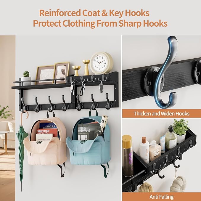 29 inch Coat Rack Wall Mount with Shelf, Heavy Duty Coat Hooks Wall Mount, Entryway Coat Hanger Wall Shelf with Key Holders and Mail Organizer for Living Room, Bedroom, Bathroom, Black