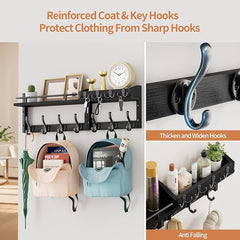 29 inch Coat Rack Wall Mount with Shelf, Heavy Duty Coat Hooks Wall Mount, Entryway Coat Hanger Wall Shelf with Key Holders and Mail Organizer for Living Room, Bedroom, Bathroom, Black