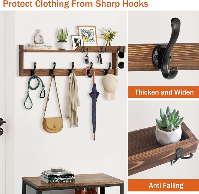 29'' Coat Rack Wall Mount with Shelf, Coat Hanger Wall Mount with Key Hooks and Mail Holder, Wood Entryway Floating Shelf with Hooks and Storage, Hat Rack for Wall Key Holder Mail Organizer