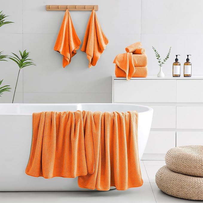 18 Piece Microfiber Bath Towels Set - 6 Bath Sheets,6 Hand Towels And 6 Washcloths,Soft Family Towels,Highly Absorbent Bathroom Towel,Quick Dry Shower Towel Luxury Towels For Hotel Spa Dorm-Tangerine