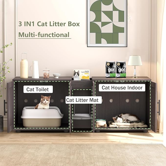3-in-1 Cat Litter Box Enclosure for 2 Cats, 55 Inch Large Hiddden Litter Box Enclosure Furniture with Double Rooms, Farmhouse Wooden Cat Washroom for Bedroom Living Room, White