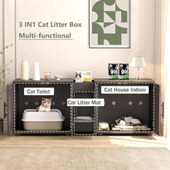 3-in-1 Cat Litter Box Enclosure for 2 Cats, 55 Inch Large Hiddden Litter Box Enclosure Furniture with Double Rooms, Farmhouse Wooden Cat Washroom for Bedroom Living Room, White