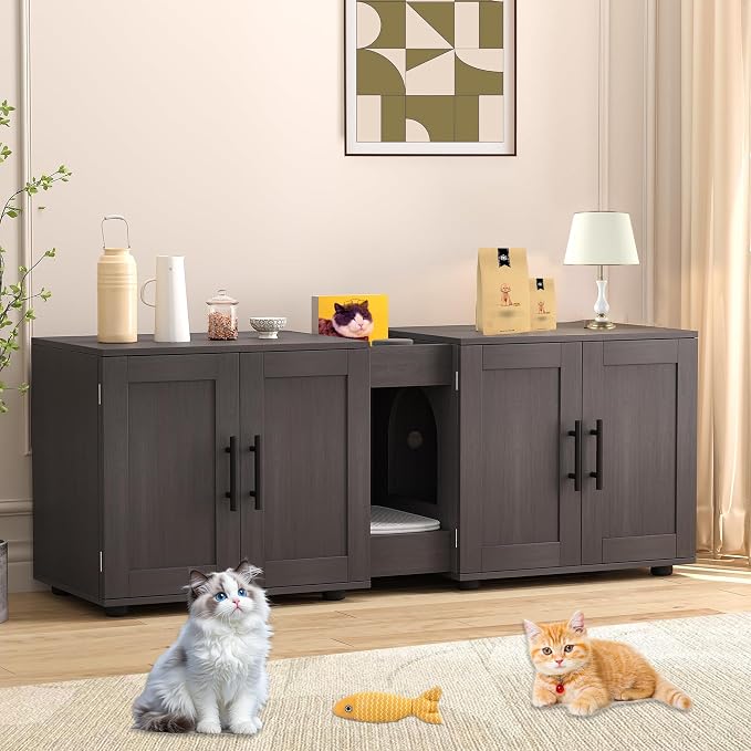 3-in-1 Cat Litter Box Enclosure for 2 Cats, 55 Inch Large Hiddden Litter Box Enclosure Furniture with Double Rooms, Farmhouse Wooden Cat Washroom for Bedroom Living Room, White