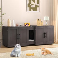 3-in-1 Cat Litter Box Enclosure for 2 Cats, 55 Inch Large Hiddden Litter Box Enclosure Furniture with Double Rooms, Farmhouse Wooden Cat Washroom for Bedroom Living Room, White