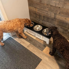 3 Bowl Dog Feeding Station, Personalized Triple Bowl Food Stand Small Dogs | Farmhouse Style, Elevated Wood Stand, Storage Container, Stainless Steel Bowls, Raised Feeder, Small Breed, Made in USA