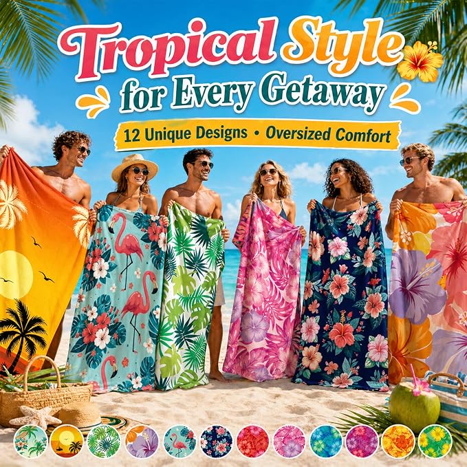 12 Pack Microfiber Beach Towel Set 32x71 Oversized Extra Large Swim Pool Towel Soft Fiber Beach Towels Set for Summer Travel Spa Swim Pool Accessories Vacation Essential Gift(Hawaii Tropical)