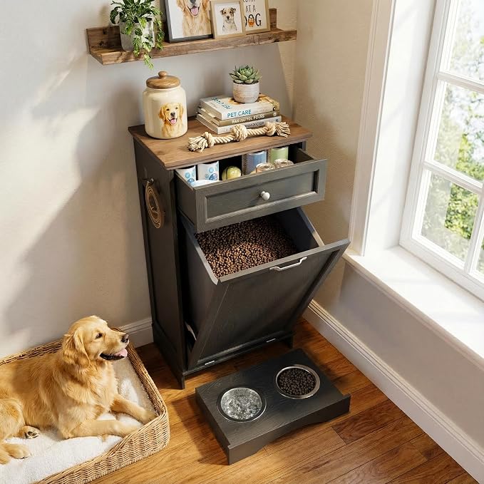 21''W Dog Feeding Station with Storage, Tilt Out Dog Food Cabinet with Drawer, 2 Feeding Bowls, Pet Food Storage, Cat Feeding Station, Dogs Storage Organizer, (Black, Single Door)
