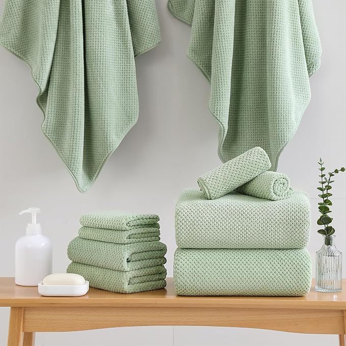 18 Piece Microfiber Bath Towels Set - 6 Bath Sheets,6 Hand Towels And 6 Washcloths,Soft Family Towels,Highly Absorbent Bathroom Towel,Quick Dry Shower Towel Luxury Towels For Hotel Spa Dorm-Green