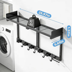 27" Mop and Broom Holder Wall Mount with Top Storage Shelf & Hooks,Black | Mop Hanger Wall Mount, 5 Grippers, 5 Hooks, Wall Organizer For Laundry Room, Garage And Kitchen