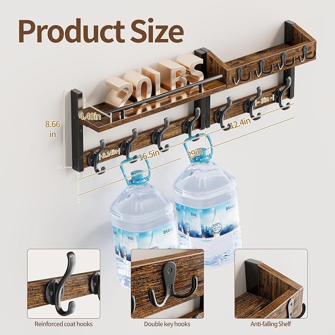 29 inch Coat Rack Wall Mount with Shelf, Entryway Wall Shelf with Hooks, Heavy Duty Coat Hanger Wall Mount with Key Holders and Mail Organizer for Living Room, Bedroom, Black & Brown