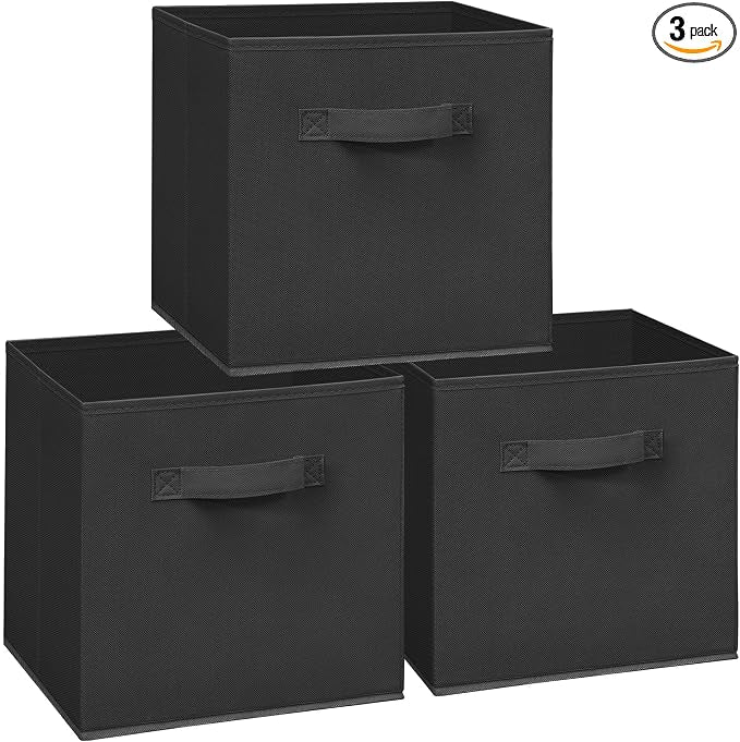 11 Inch Fabric Storage Cubes, Sturdy Foldable Storage Bins, Heavy Duty Cube Organizer for Clothes, Blankets, Shelves, Closets, Bedroom, Living Room, Black, 3 Pack