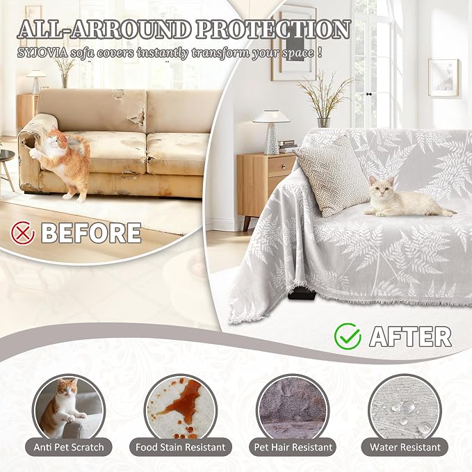 1OO% Waterproof Sectional Couch Covers for Dogs L Shaped Corner Sofa Cover Washable Chenille Sofa Slipcovers Blanket Modern Jacquard Pet Furniture Protector (91"x252", Light Gray Leaf)