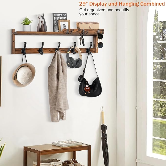 29'' Coat Rack Wall Mount with Shelf, Coat Hanger Wall Mount with Key Hooks and Mail Holder, Wood Entryway Floating Shelf with Hooks and Storage, Hat Rack for Wall Key Holder Mail Organizer