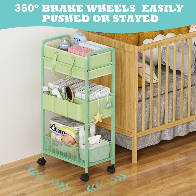 2in1 Baby Diaper Caddy Organizer Cart, 3-Tier Rolling Cart, Metal Diaper Caddy Carts, Bedside Carts for Nursery Essentials Storage, Detachable Dividers, Large Capacity, Green